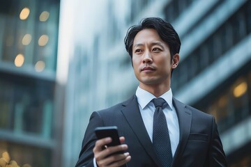 A businessman with a virtual assistant device in hand for managing business operations and schedules.