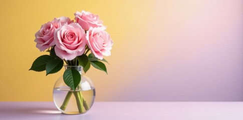 Delicate blush roses in simple glass vase, soft yellow to purple ombre background, gradient, yellow, delicate