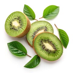 Fototapeta premium Fresh kiwi slices with green leaves, isolated on a white background. 