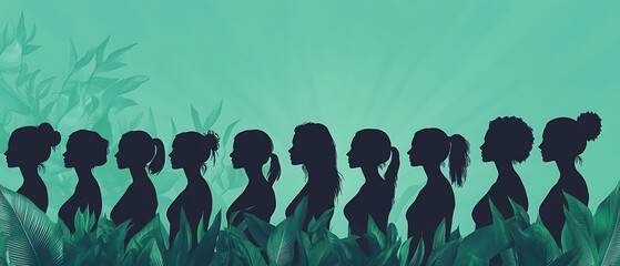 Ten women's silhouettes in profile, amidst lush green foliage.
