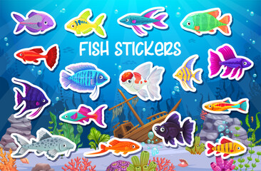 Cartoon aquarium fish stickers with tropical fishes in underwater landscape, vector background. Aquarium fishes stickers with funny bright colorful guppy, goldfish and blue tang with sunken ship boat