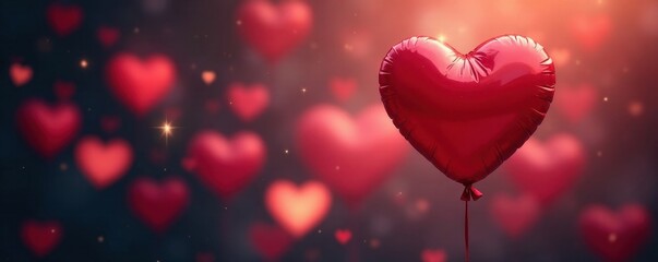 Obraz premium Red heart balloons ascend, bokeh lights sparkle , joyful, cute, tenderness