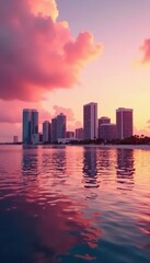 Obraz premium Soft pink and peach tones on Miami's skyline at sunset, soft colors, peach, pastel hues