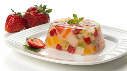 A fruit jelly dessert with a fresh strawberry on a white plate.