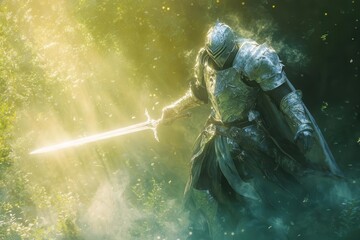 Fototapeta premium luminous knight in radiant silver armor charging through a misty emerald forest, glowing sword raised, golden dawn breaking, epic heroic valor, dynamic mystical power.