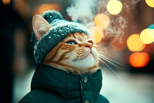 Happy cute adult cat pixiebob in winter warm clothes, frosty breath from nose and mouth in icy wind. Pet health. Amusing pets. Pet winter protection. Kitten winter scarf. Kitten winter tips.