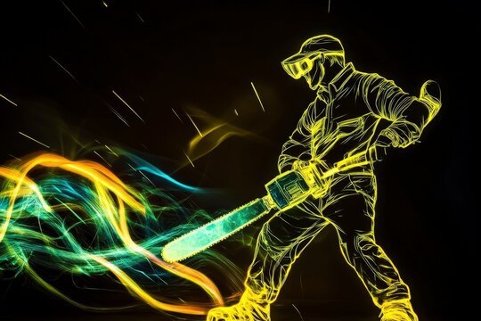 Electric Chainsaw Worker in Neon Glow on Dark Background