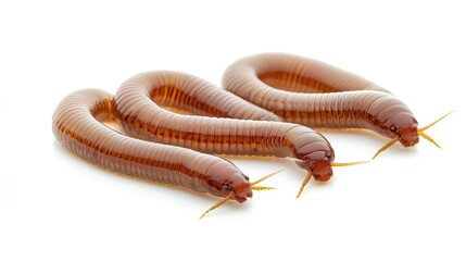 Isolated Brown Earthworms with Long and Straight Body Shapes on White