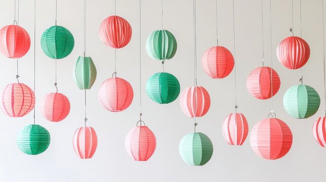 Artistic arrangement of decorative paper lanterns in pastel pink and green tones for festive events