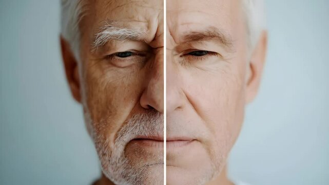 Before and after comparison of caucasian senior man face divided by line. Aging process visualization. Facial changes and wrinkles. Cosmetic surgery concept