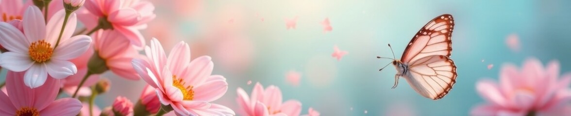 Fototapeta premium Delicate butterfly wings dance on a dreamy pastel floral backdrop , design, magic