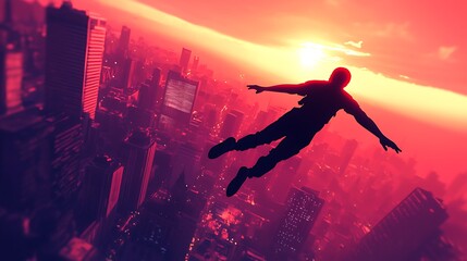 Silhouette of a Person Falling Over Cityscape at Sunset.