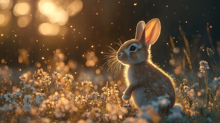 Cute bunny rabbit sitting in a field of wildflowers