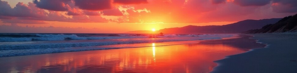 Naklejka premium Stunning sunset hues reflect on wet sand at Windansea , sea, sun, vibrant