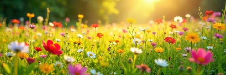 Fototapeta premium Vibrant wildflowers carpet sun-drenched field, outdoors, green