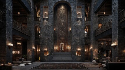 Grand stone castle hall interior; throne, stairs, seating.  Fantasy setting, game design