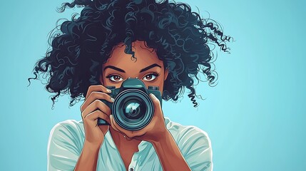 Woman Photographer with Curly Hair.