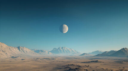Low Poly Desert Landscape with Distant Moon Under a Blue Sky
