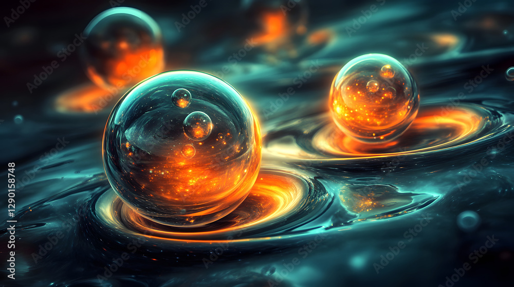 Poster group of colorful spheres floating in a clear pool of water creating a vibrant and dynamic visual ef
