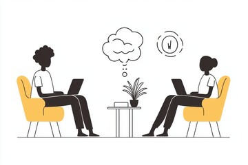 Fototapeta premium Healthcare Virtual Reality Therapies. Two people working on laptops in a cozy, modern setting.