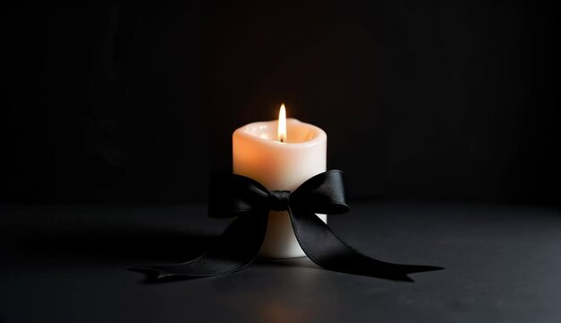 Lit white candle with black ribbon in a dark setting.