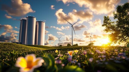 Obraz premium Serene Landscape Featuring Wind Turbines and Silos at Sunset with a Field of Flowers Under a Cloudy Sky Promoting Sustainable Energy
