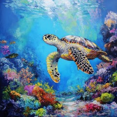 Fototapeta premium Sea turtle gracefully swimming through vibrant coral reef ecosystem in clear blue ocean water artistic painting
