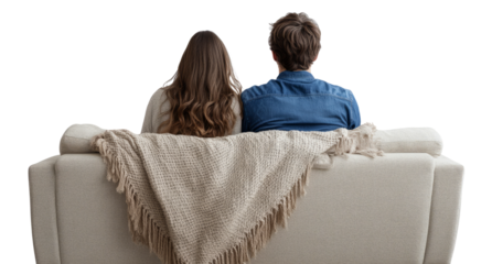 Couple sitting on couch, back view on transparent background