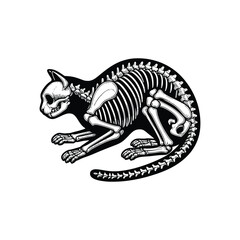 illustration of cat skeleton, black and white hand drawn style, vintage vector illustration