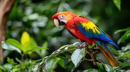 Vibrant scarlet macaw perched on branch amidst lush foliage capturing the essence of tropical wildlife and exotic bird beauty