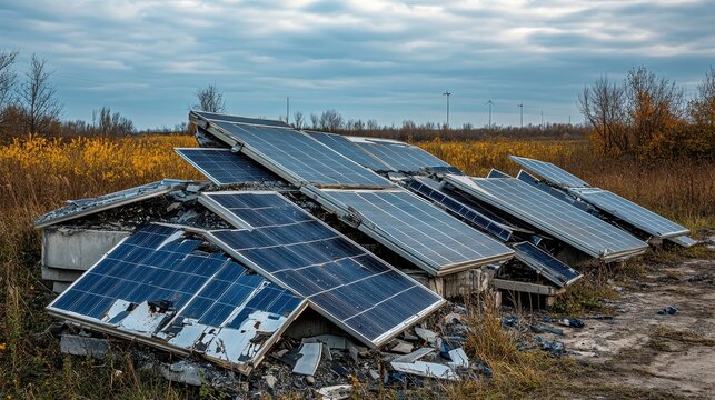 Broken solar panels scattered on ground, showing damage. Illustrates the end-of-life cycle of renewable energy technology.
