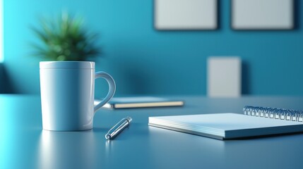 Serene workspace featuring a white mug notebook pen and plant against a calm turquoise backdrop promoting focus