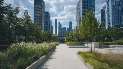 A city park with sustainable urban architecture in the background.