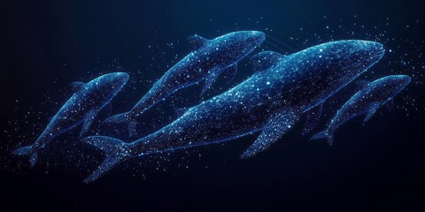 Fototapeta premium Digital whales swim gracefully through a dark blue universe