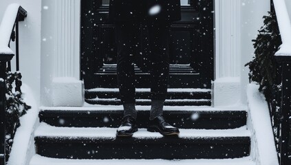 Man in black on snowy steps, snowfall, classic home