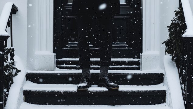 Man in black on snowy steps, snowfall, classic home