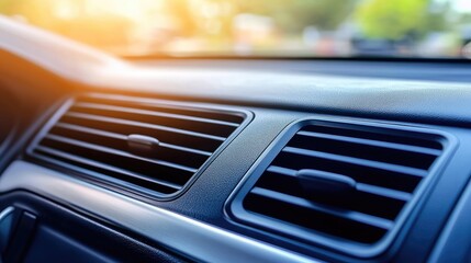 A close-up of a car's air conditioning vent with cool air flowing.