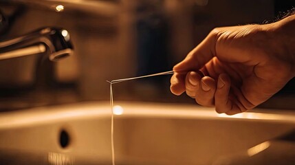 A close-up of a hand holding a piece of dental floss above a sink.