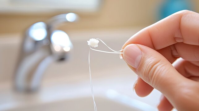 A close-up of a hand holding a piece of dental floss above a sink. - Powered by Adobe