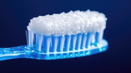 A close-up of a toothbrush with bristles coated in white fluoride paste.