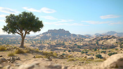 Lonely Tree on Arid Hilltop Overlooking Desert Mountain Range