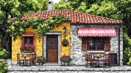 Fototapeta premium Charming Mediterranean Cafe Illustration.
