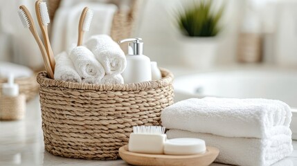 A cozy, spa-like bathroom setting with dental floss and other hygiene essentials.