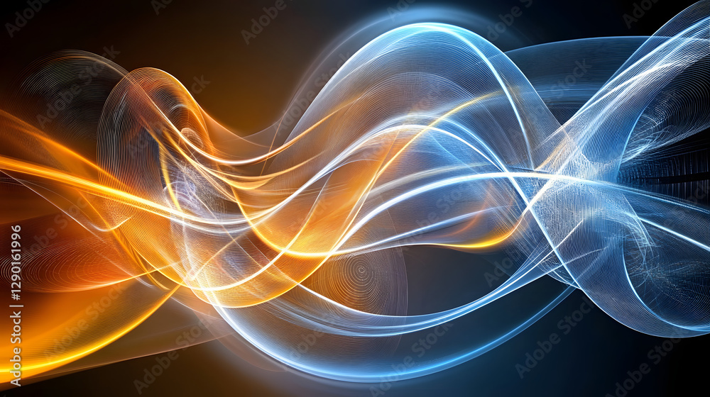 Wall mural blue and orange wave pattern on a black background in abstract design
