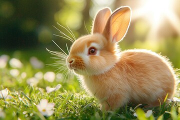 Fototapeta premium Radiant Bunny in Sunlit Meadow A Captivating Close Up of a Golden Rabbit Amidst Lush Greenery and Delicate White Flowers