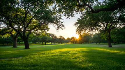 Fototapeta premium Sunset Over a Grassy Field with Trees