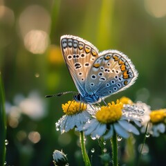 Obraz premium Enchanting Common Blue Butterfly Resting on a Dew Kissed Daisy in the Soft Morning Light Capturing the Delicate Beauty of Nature
