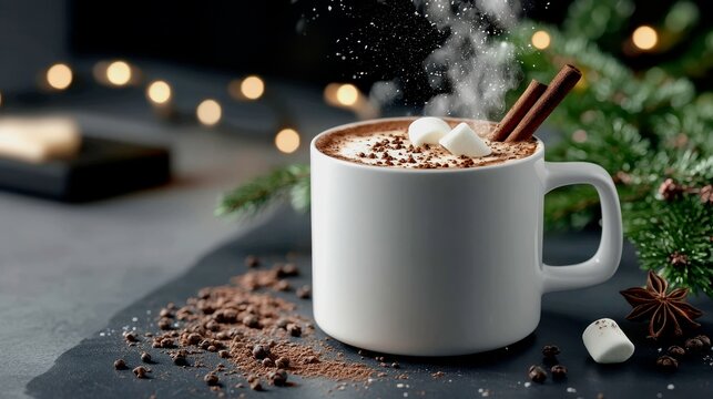 Hot chocolate in a white mug with cumin and a stick of cinnamon.