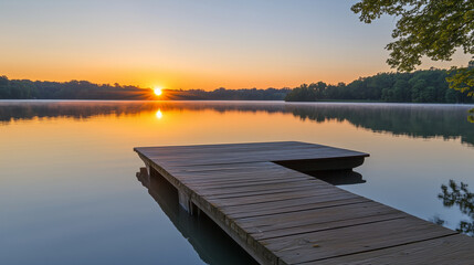 Tranquil sunrise over a calm lake, evoking peace and serenity.