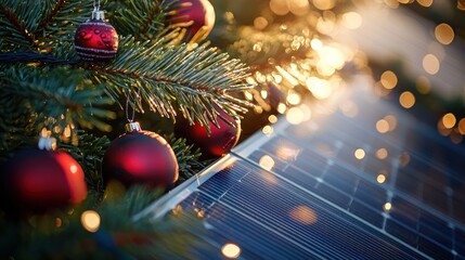 Eco Holiday Harmony Solar Panel Sparkling Christmas Ornaments Warm Festive Glow Sustainable Energy Celebration Bright Sunlight